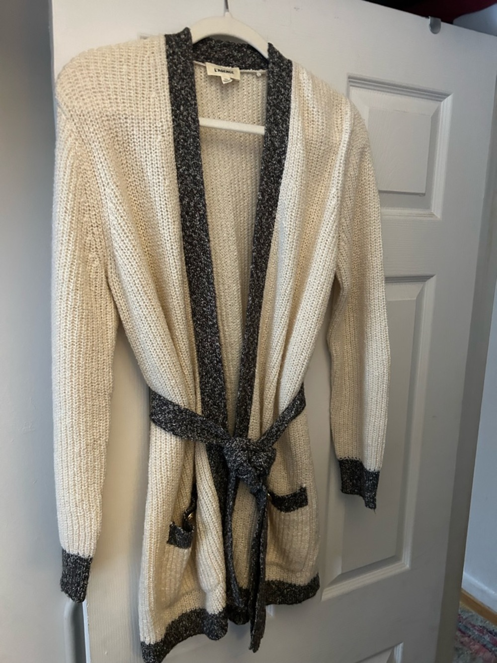 L'AGENCE Cream Cardigan with Charcoal Trim and Tie Belt - Picture 4 of 4
